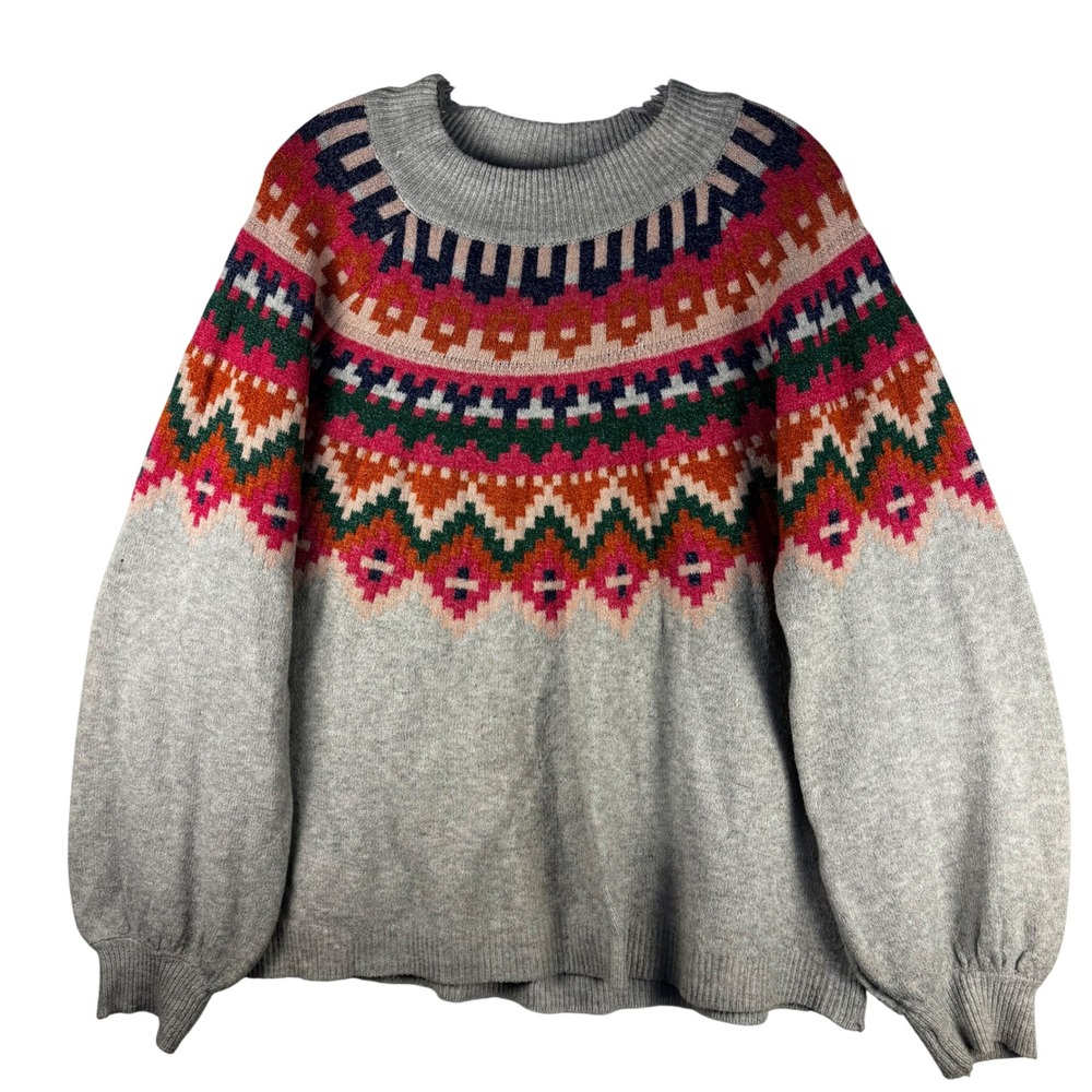 Maurices Womens 1X Fair Isle Sweater Grey Pink Geometric Balloon Sleeve Pullover